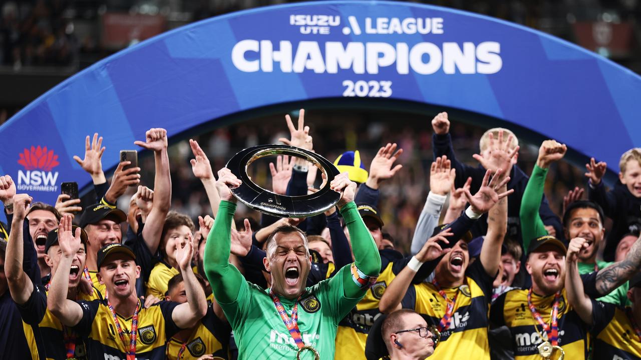 Daniel Vukovic of the Mariners celebrates winning the 2023 A-League grand final.