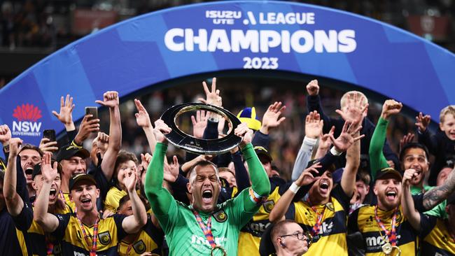 Daniel Vukovic of the Mariners celebrates winning the 2023 A-League grand final.