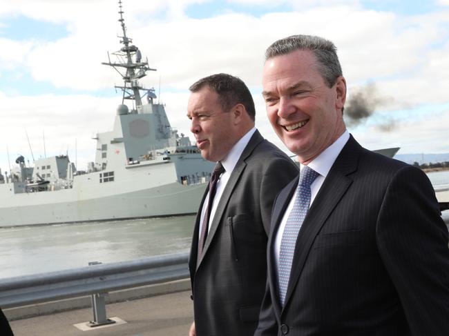 Minister for Defence Industry Christopher Pyne arrives at AWD construction yard, Osborne, Adelaide, Tuesday, April 3, 2018. Mr Pyne announced the federal government's new Naval Shipbuilding College will be operated by two companies in a joint venture arrangement. (AAP Image/Russell Millard)