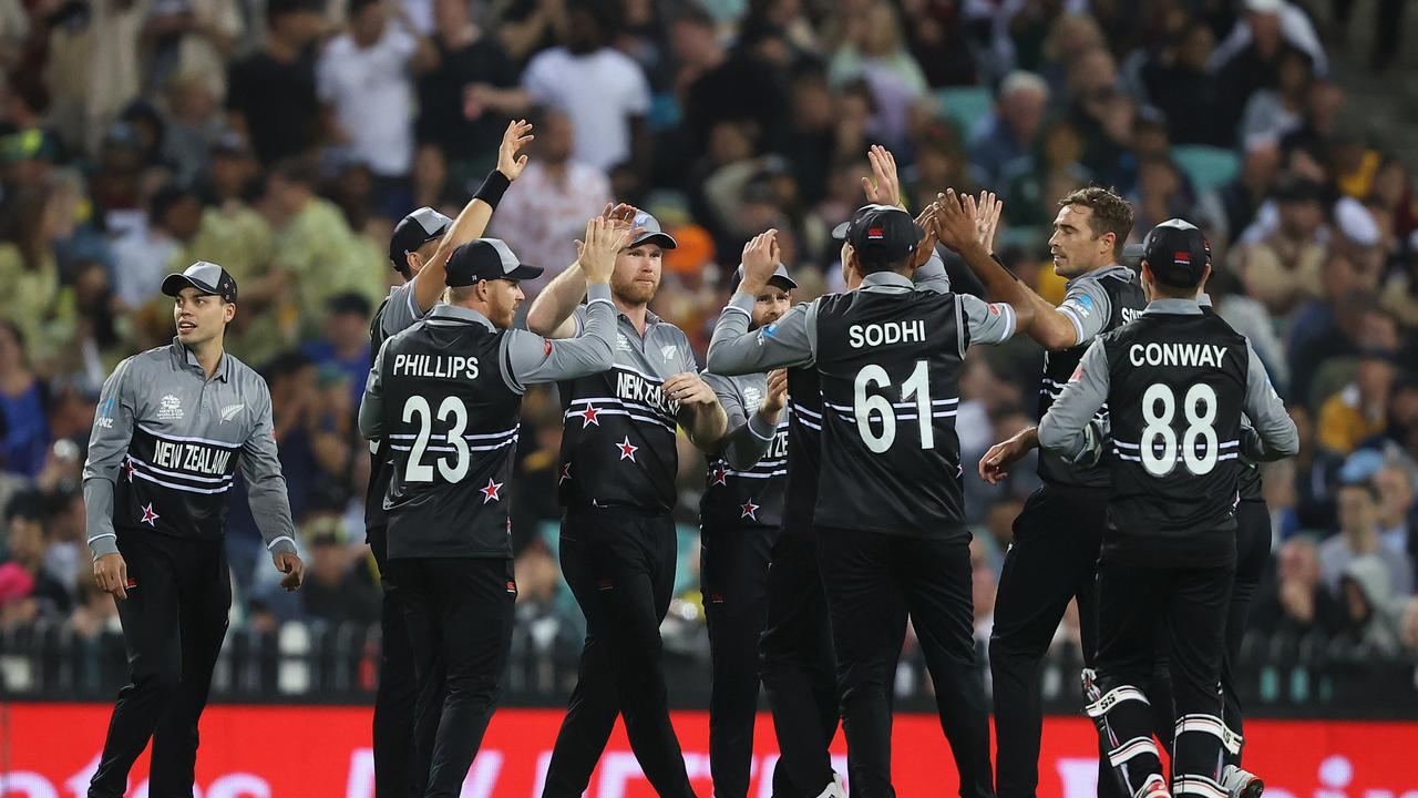 New Zealand celebrate the wicket of Mitchell Marsh in their 89-run thrashing. Picture: Getty