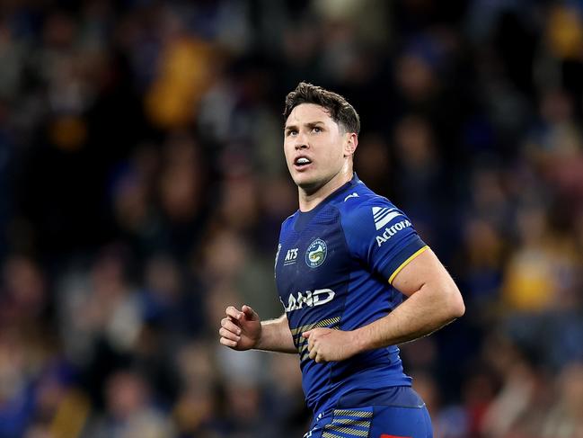 SYDNEY, AUSTRALIA - JUNE 15: Mitchell Moses of the Eels looks on during the round 15 NRL match between Parramatta Eels and Sydney Roosters at CommBank Stadium, on June 15, 2024, in Sydney, Australia. (Photo by Brendon Thorne/Getty Images)