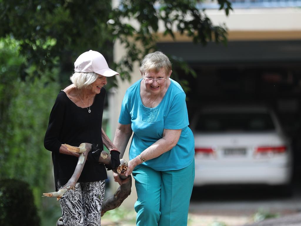 l to r Anne Steele &amp; Rea Saxby help clean up . A storm has ripped through the north shore damaging trees &amp; cars here in Dumaresq st Gordon the damage is evident. Picture: John Grainger