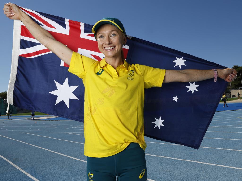 NCA . PARIS, FRANCEÃ&#137; July 23, 2024. Paris Olympics Games. Australian Athletic team media day in Montpellier. 1500 mtr runner Jessica Hull poses at todays media day . Pic: Michael Klein