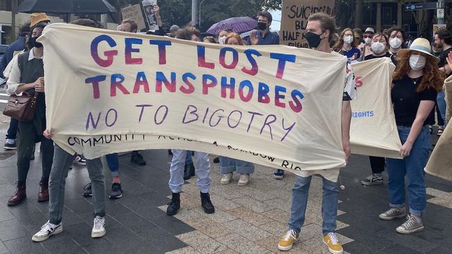 The Community Action for Rainbow Rights held a rally outside Hotel Steyne at The Corso in Manly to protest the continued political endorsement of Warringah Liberal candidate Katherine Deves following her resurfaced anti-transgender tweets. Picture by Dana Pendrick