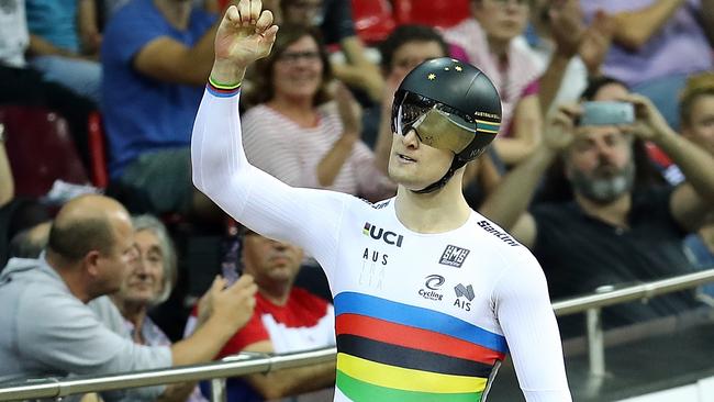 PARIS, FRANCE - OCTOBER 21:  Mathew Glaetzer of Australia celebrates winning the Men's Sprint final at the Velodrome de Saint-Quentin-en-Yvelines on day three of the UCI Track Cycling World Cup on October 21, 2018 in Paris, France.  (Photo by Bryn Lennon/Getty Images)