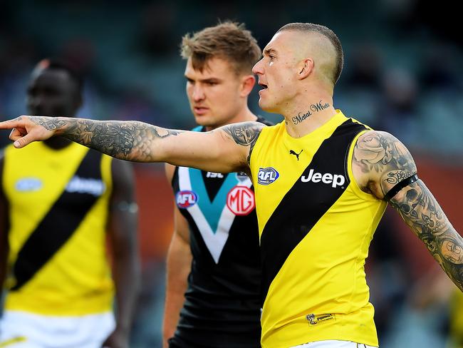 ADELAIDE, AUSTRALIA - AUGUST 08: Dustin Martin of the Tigers during the round 11 AFL match between the Port Adelaide Power and the Richmond Tigers at Adelaide Oval on August 08, 2020 in Adelaide, Australia. (Photo by Mark Brake/Getty Images)