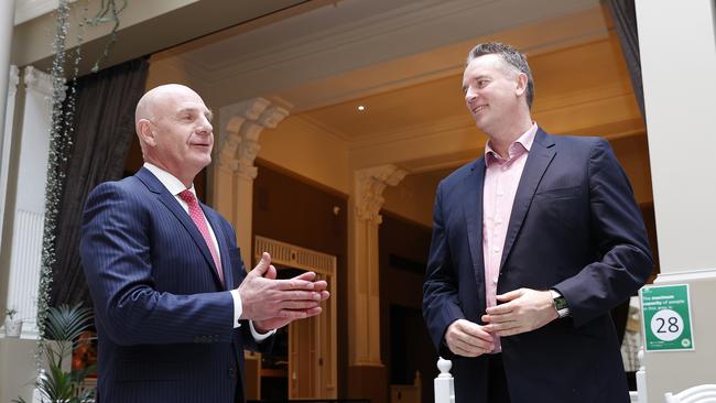 Premier Peter Gutwein alongside CEO of Hadley's Orient Hotel, Ben Targett as the Premier spoke regarding the Tasmanian Governments new travel vouchers. Picture: Zak Simmonds