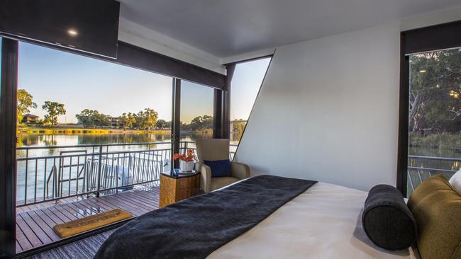 One of the luxurious bedrooms aboard the Boatel.