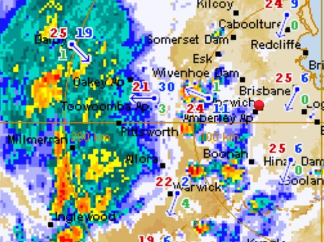 A huge storm system over southeast Queensland on Monday night that delivered widespread rainfall.