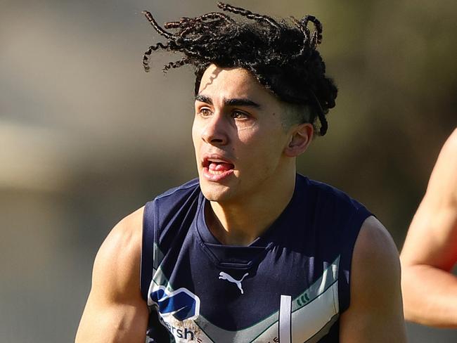 ADELAIDE, AUSTRALIA - June 30: Isaac Kako of Victoria Metro during the 2024 Marsh AFL Championships U18 Boys match between South Australia and Victoria Metro at Alberton Oval on June 30, 2024 in Adelaide, Australia. (Photo by Sarah Reed/AFL Photos via Getty Images)