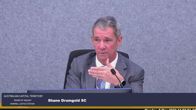 Shane Drumgold SC is questioned on day one of public hearings of the Australian Capital Territory’s Board of Inquiry into the Criminal Justice System.