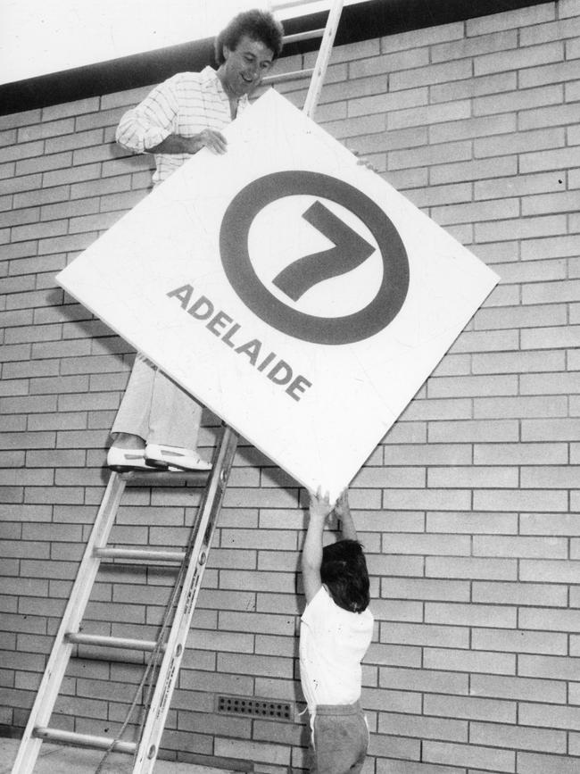 Graeme Goodings and son Will at Channel 7 studio at Gilberton in 1987. Picture: Advertiser Library