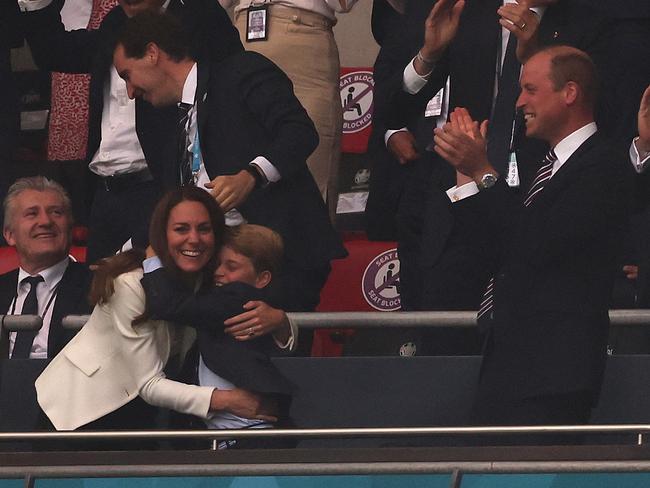 Prince George, centre, hugged his mother Kate Middleton during England’s early lead in Euro 2020. Picture: Mega Agency