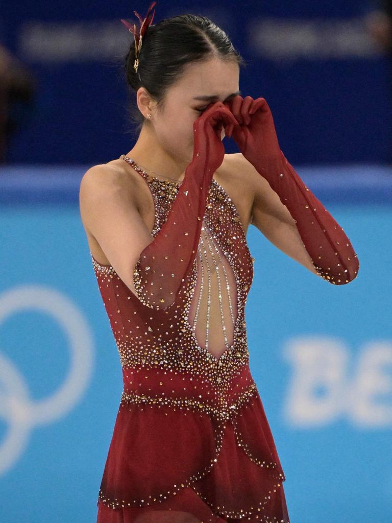 Zhu Yi was left in tears following her single skate in the figure skating team event. Picture: SEBASTIEN BOZON/AFP