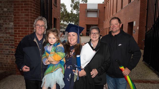 03-10-2023 Deakin University education graduations at the waterfront campus. Terry Clarkson, Elodie Merlo, Julie Clarkson, Hayley Clarkson and Brett Merlo