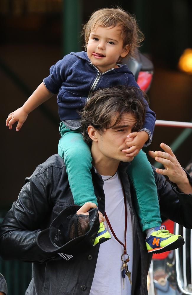 Look out ... Miranda  Kerr’s son Flynn goes for alternative approach with dad Orlando Bloom. Picture: Australscope