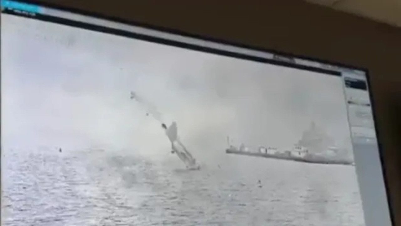 The multimillion-dollar fighter-jet plunges into San Diego Bay. Picture: Twitter