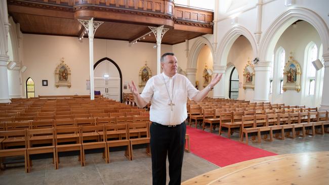 Townsville Bishop Tim Harris in an empty Sacred Heart Cathedral.