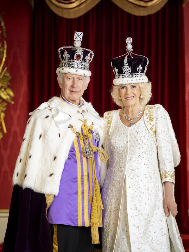 King Charles III and Queen Camilla are pictured in the Throne Room at Buckingham Palace on May 8, 2023 in London, England. Photo by Hugo Burnand/Buckingham Palace via Getty Images