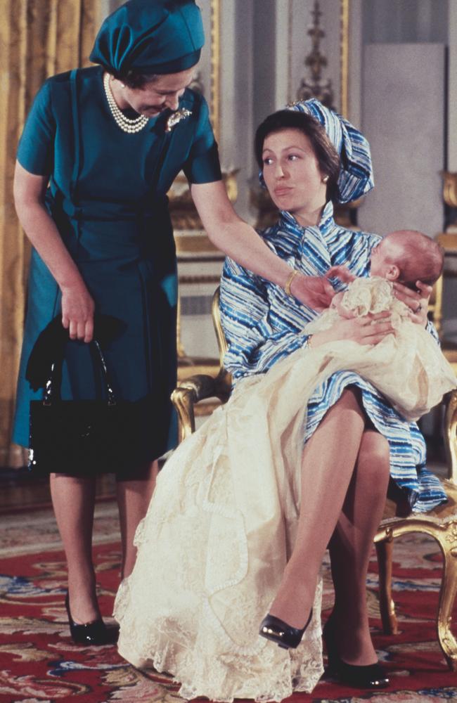 The Queen with Princess Anne and Peter Phillips at his christening in 1977. Picture: Hulton Archive/Getty Images