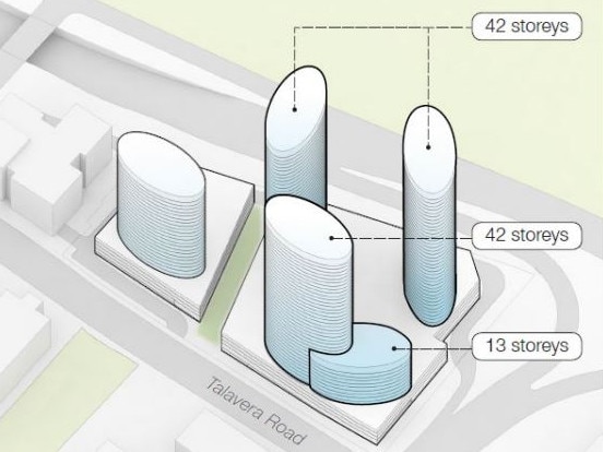 Meriton’s revised Macquarie Park proposal which included three 42-storey towers, down from the original plan of 63 storeys at 112 Talavera Road. It was rejected by Ryde Council.