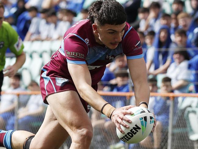 DAILY TELEGRAPH AUGUST 31, 2022. Alas Lababidi scoring the first try of the game for Hills Sports High during the NRL Schoolboys Grand Final between Patrician Brothers, Fairfield and Hills Sports High at Leichhardt Oval. Picture: Jonathan Ng