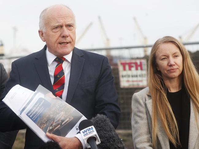 Simon Behrakis Liberal member for Clark with Minister for Business Industry and Resources Eric Abetz and Anne Beach CEO Macquarie Point Development Corporation at the Macquarie Point Precinct in relation to stadium plans released.  Picture: Nikki Davis-Jones