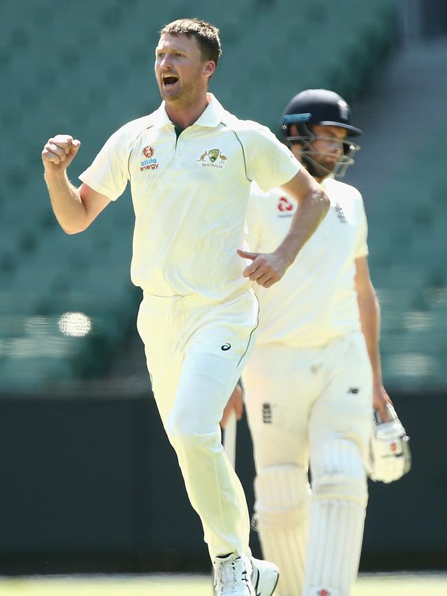 Bird celebrates a wicket during the England Lions Tour of Australia tour match between England Lions and Australia A Men at the MCG in Melbourne, Saturday, February 22, 2020. (AAP Image/Rob Prezioso)