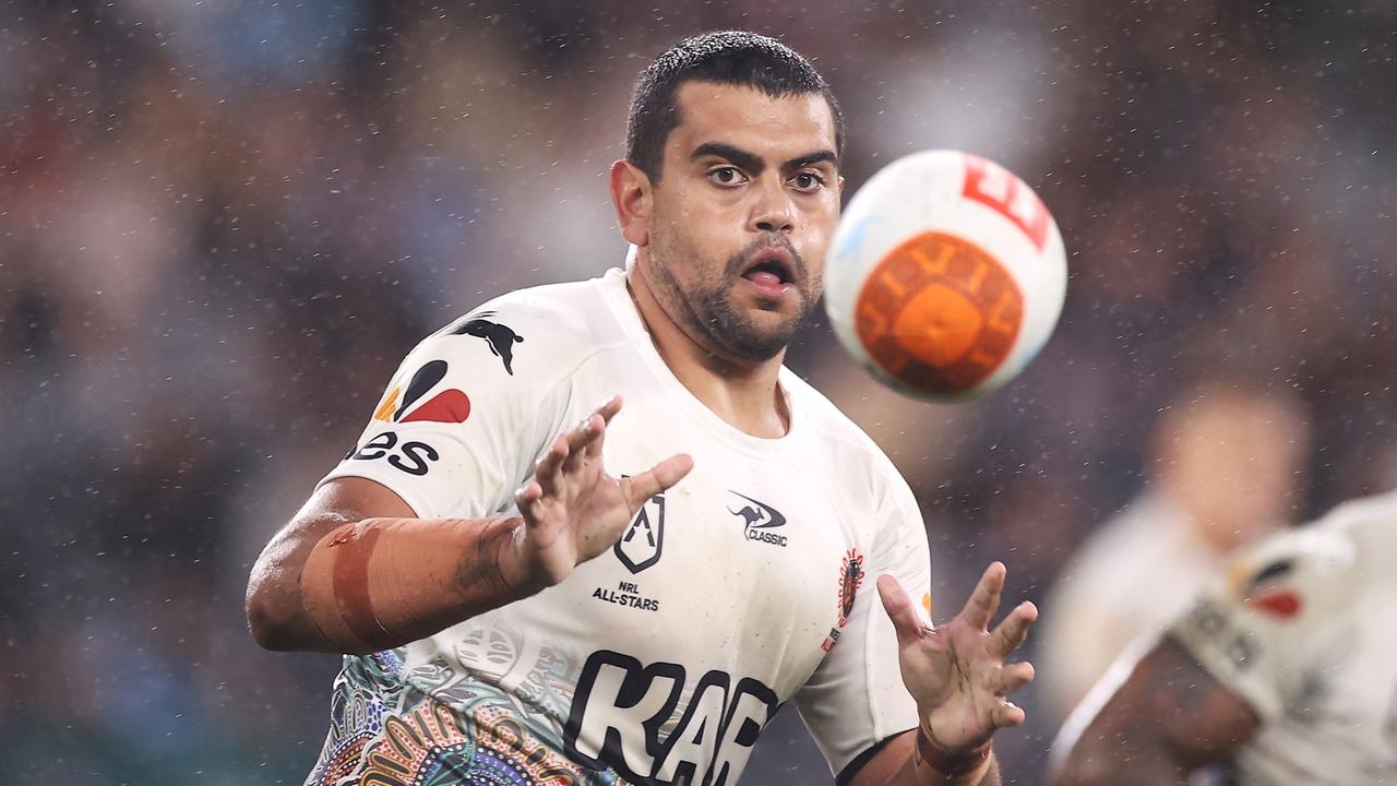 SYDNEY, AUSTRALIA - FEBRUARY 12: Shaquai Mitchell of the Indigenous All Stars catches a pass during the match between the Men's Indigenous All Stars and the Men's Maori All Stars at CommBank Stadium on February 12, 2022 in Sydney, Australia. (Photo by Mark Kolbe/Getty Images)