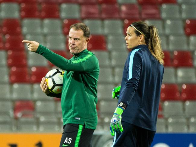 Alen Stajcic directs traffic at training in Amman. Picture: Val Migliaccio