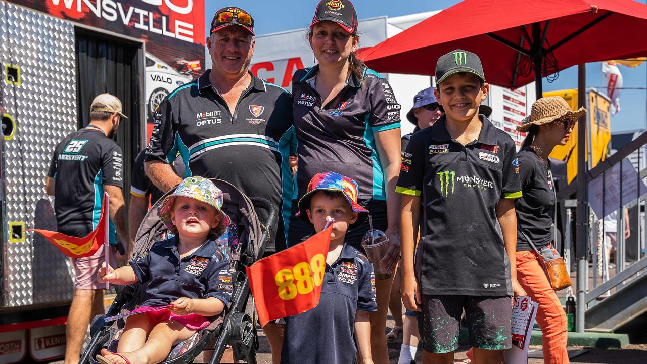 Dave Fitchett, Courtney Barfoot, Dakota Barfoot, Dante Fitchett and Saskiah Fitchett at the 2023 Darwin Supercars. Picture: Pema Tamang Pakhrin