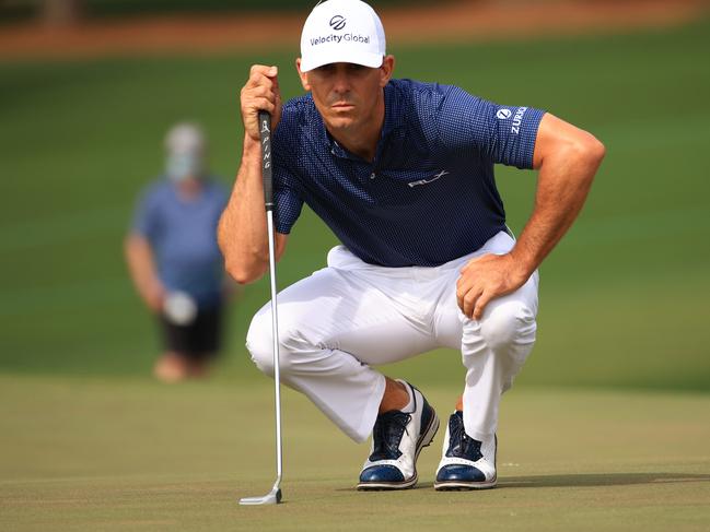 AUGUSTA, GEORGIA - APRIL 10: Billy Horschel of the United States lines up a putt on the second green during the third round of the Masters at Augusta National Golf Club on April 10, 2021 in Augusta, Georgia. (Photo by Mike Ehrmann/Getty Images)