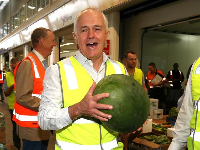 PM Malcolm Turnbull handles a watermelon at the Brisbane Produce Markets on day two of the election campaign. Picture: Lyndon Mechielsen/News Corp