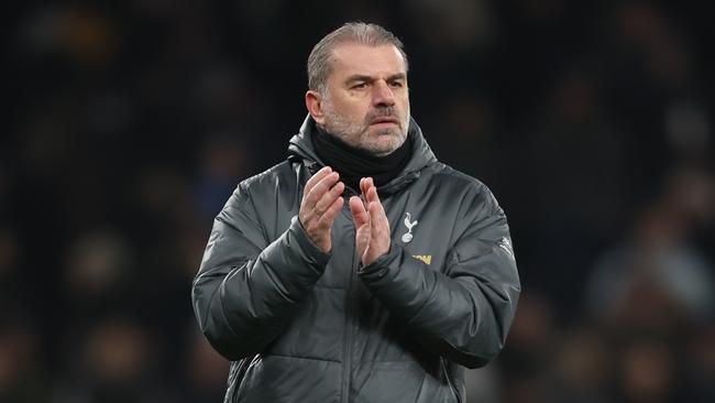 LONDON, ENGLAND - FEBRUARY 16: Tottenham Hotspur manager Ange Postecoglou applauds the fans at the final whistle during the Premier League match between Tottenham Hotspur FC and Manchester United FC at Tottenham Hotspur Stadium on February 16, 2025 in London, England. (Photo by Rob Newell - CameraSport via Getty Images)