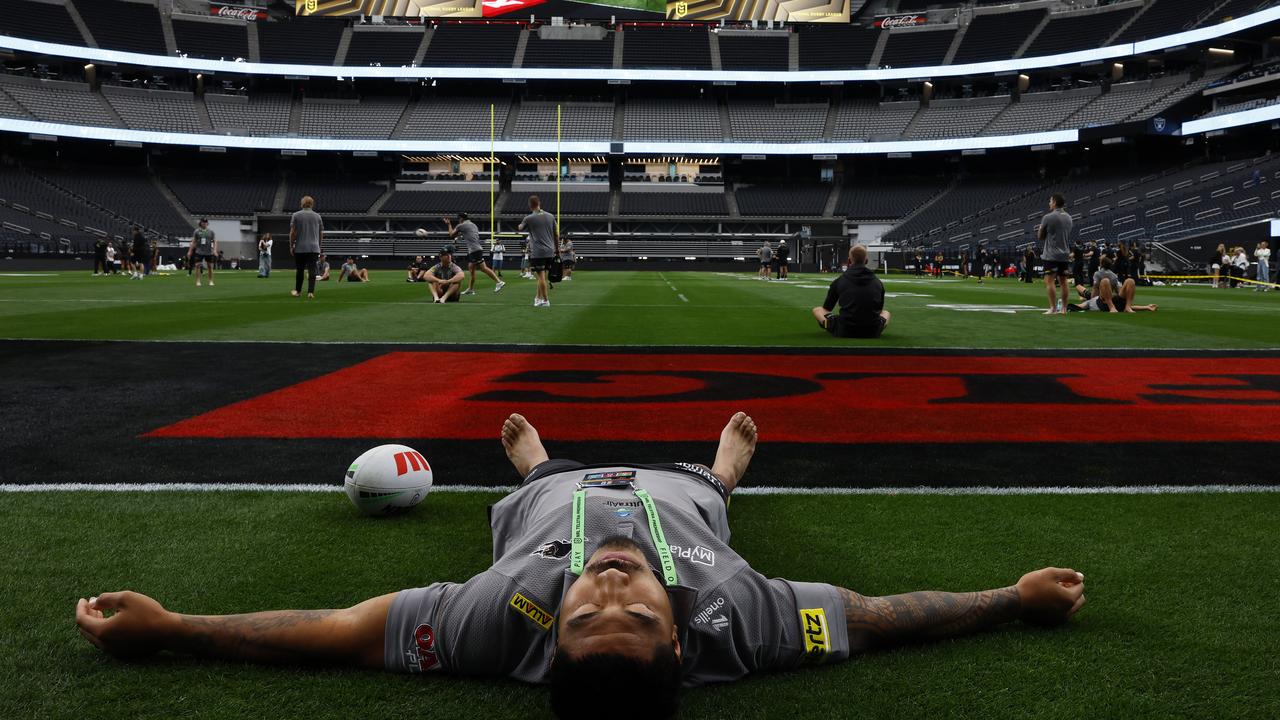 Penrith’s Moses Leota getting a feel for the ground during a team walk through of Allegiant Stadium in Las Vegas. Picture: Jonathan Ng