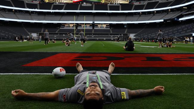 Penrith’s Moses Leota getting a feel for the ground during a team walk through of Allegiant Stadium in Las Vegas. Picture: Jonathan Ng