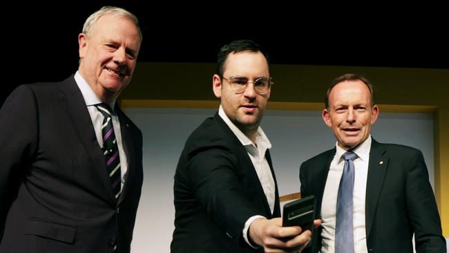 Former treasurer Peter Costello, Australian Jewish Association CEO Robert Gregory and former PM Tony Abbott at the ARC Conference. Picture: Jane Dempster