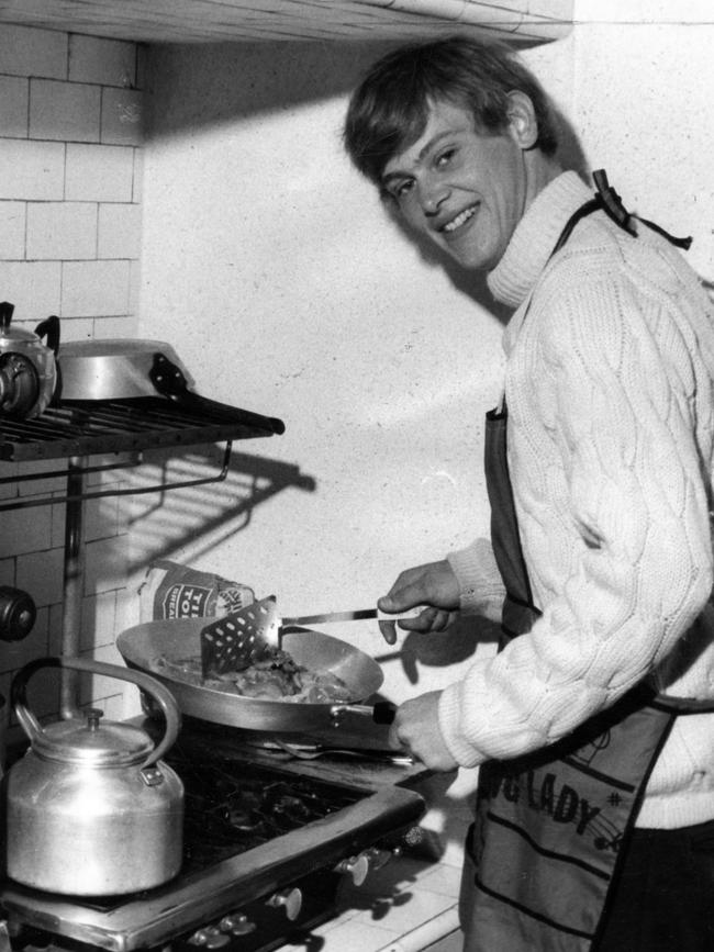 Farnham whips up some eggs in a photo shoot for The News in 1968 after scoring a huge hit with Sadie the Cleaning Lady.