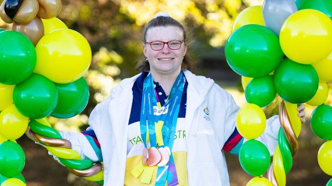 Georgia Nugent came back to Australia to celebrate her 18th birthday after winning three bronze medals in the 2023 Berlin Special Olympics. Picture: Tracey Devereaux