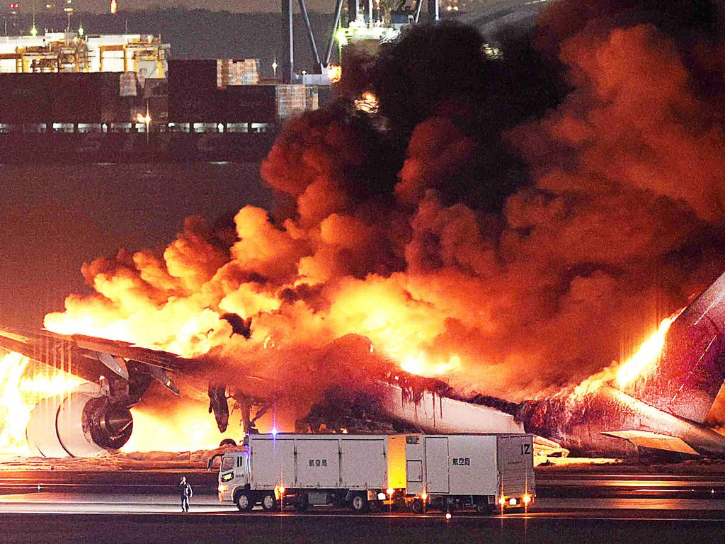 <p>This image, provided by Jiji Press, captures a Japan Airlines plane engulfed in flames on the runway at Tokyo&rsquo;s Haneda Airport on January 2, 2024. Reports suggest the incident occurred after the plane collided with a coast guard aircraft. Picture: JIJI PRESS/AFP. Part of AFP&rsquo;s Pictures of the Year 2024.</p>