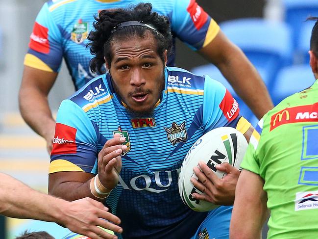 Agnatius Paasi in action during the round 16 NRL game, Gold Coast Titans V Canberra Raiders at Cbus Super Stadium, Robina. Pics Adam Head