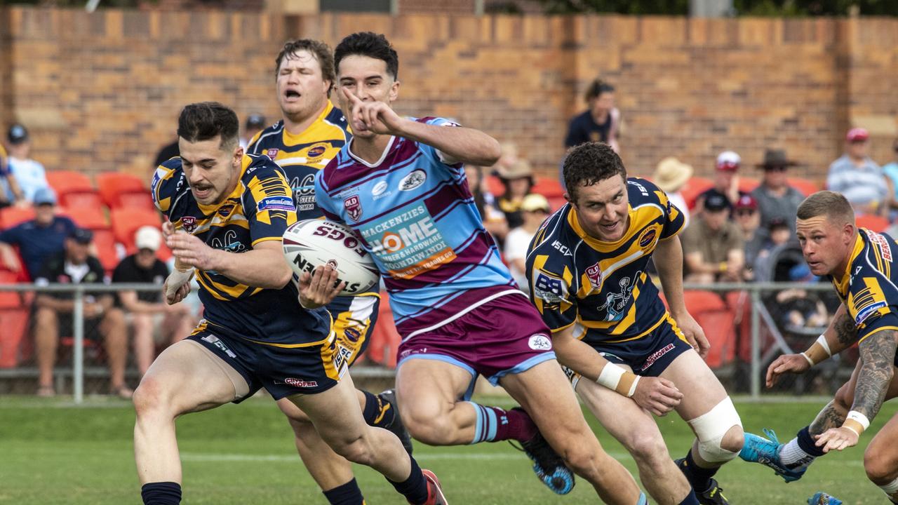 David Armstrong on his way to score a try for Goondiwindi in the 2021 A-grade TRL grand final. Picture: Nev Madsen.