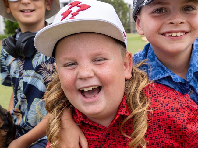 January 23, 2025: James Carbone,8, (Ã¢â¬ËMini' International DJ Fisher) with Ambrose Skrypek, 8 (Ã¢â¬ËMini' Ripper GC 'Cam SmithÃ¢â¬â¢) and David Cooper, 8 getting ready to party with Tinklebell the goat at the Liv Golf Family Fairway Media Call at Grange Golf Club, Adelaide.   Picture: Kelly Barnes