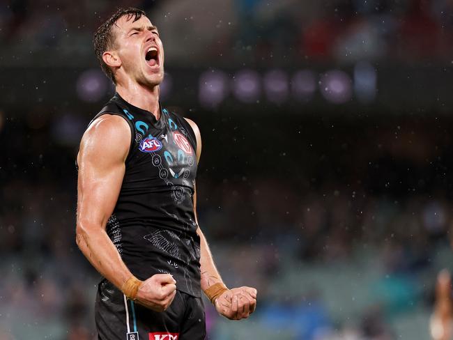 ADELAIDE, AUSTRALIA - MAY 29: Trent Dumont of the Power celebrates a goal during the 2022 AFL Round 11 match between the Port Adelaide Power and the Essendon Bombers at Adelaide Oval on May 29, 2022 in Adelaide, Australia. (Photo by James Elsby/AFL Photos via Getty Images)