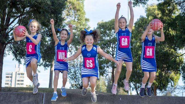 Prahran Netball Association junior netball players Nellie Brown, Imogen Forster, Willow Millay-McNeill, Clover Roche and Beatrix Loftus want a new stadium built in Stonnington. Picture: Andy Brownbill