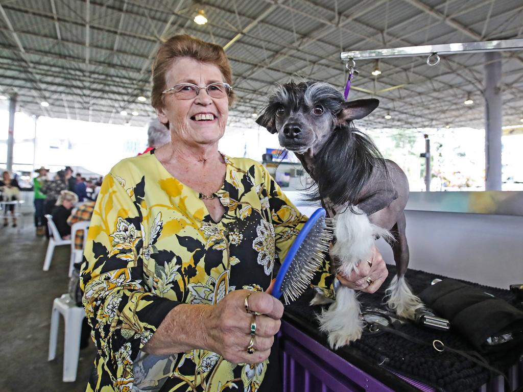 Julie McGrath with her 3-year-old Chinese Crested, Jerry Lee, during the 2022 Ekka dog show. Picture: Zak Simmonds