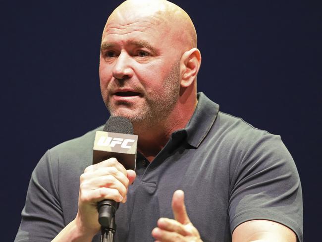 FILE - In this Sept. 19, 2019, file photo, UFC President Dana White speaks at a news conference in New York. UFC 249 has been canceled after ESPN and parent company Disney stopped White's plan to keep fighting amid the coronavirus pandemic. After defiantly vowing for weeks to maintain a regular schedule of fights, White announced the decision to cease competition Thursday, April 9, on ESPN, the UFC's broadcast partner. (AP Photo/Gregory Payan, File)