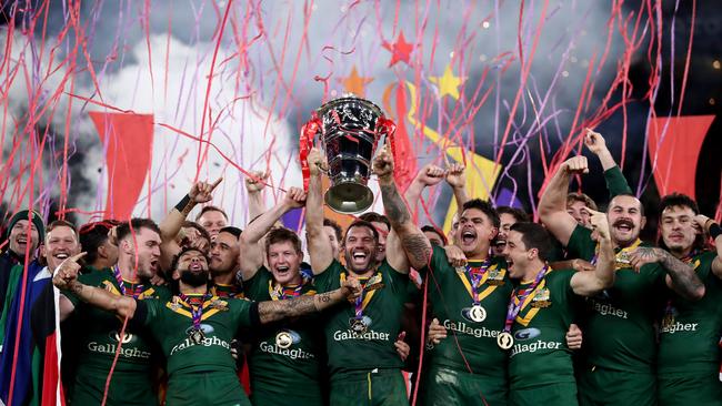 James Tedesco and the Kangaroos celebrate Rugby League World Cup glory. Picture: Getty