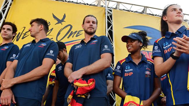 Bryce Gibbs, centre, was unveiled to the public at the Adelaide Crows season launch at West Lakes on Monday night. Picture: Tom Huntley