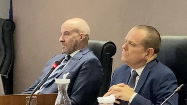 Dubbo Regional Council interim CEO Dean Frost and deputy mayor Stephen Lawrence at an extraordinary council meeting held in April 2021. Picture: Ryan Young